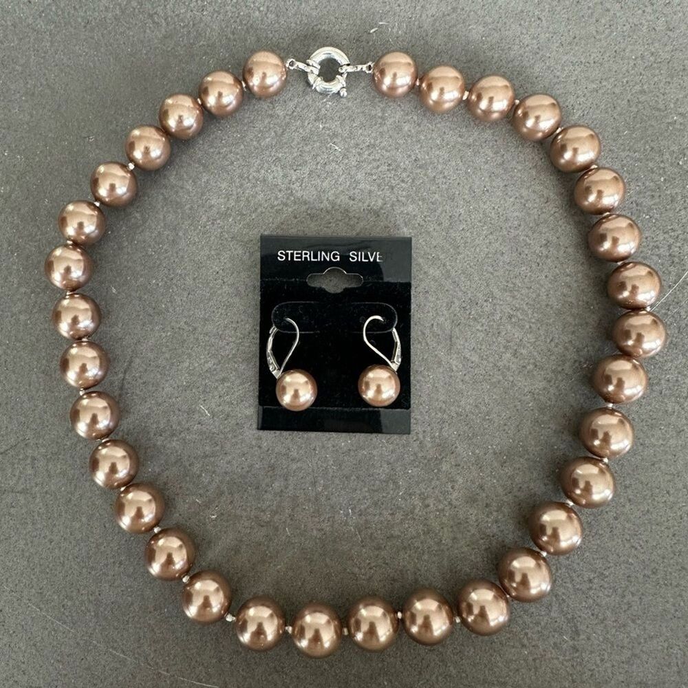 Champagne Colored Pearl Hand Knotted Necklace & Earring Set